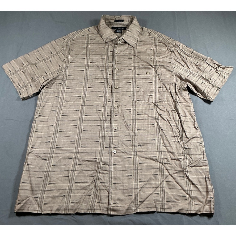 J. Ferrar Mens Tan Brown Geometric Rayon Short Sleeve Button Up Shirt Large